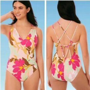 Beach Betty By Miracle Pink Tropical Floral One Piece Swimsuit -New With Tags